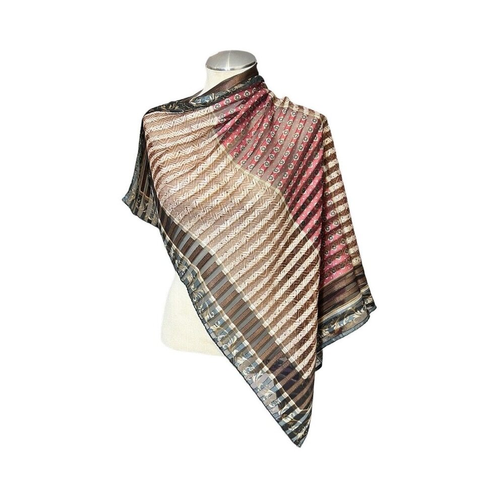 LIZ CLAIBORNE Boho Colorful Striped Square‎ Scarf Gold Sparkle Thread Semi Sheer